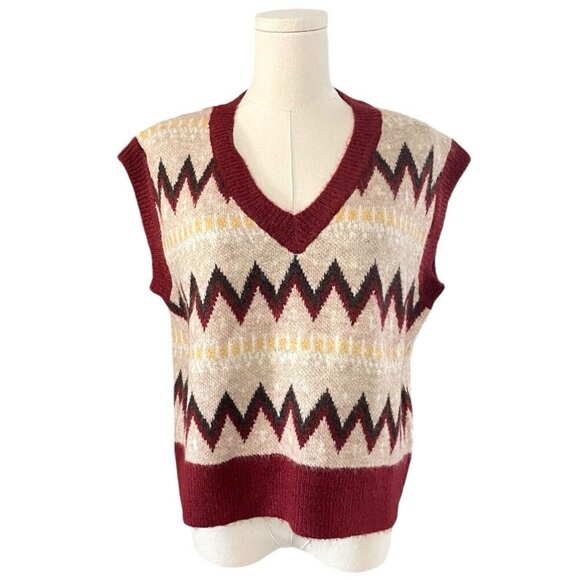 NWT‎ Cider Wave Aztec Sweater Vest Womens S V-Neck Knit Old Money Cabin Academia - Picture 2 of 10